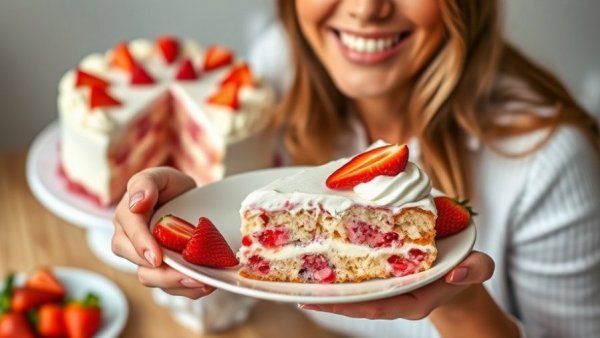 Healthy Strawberry Poke Cake with sliced strawberries and whipped topping.