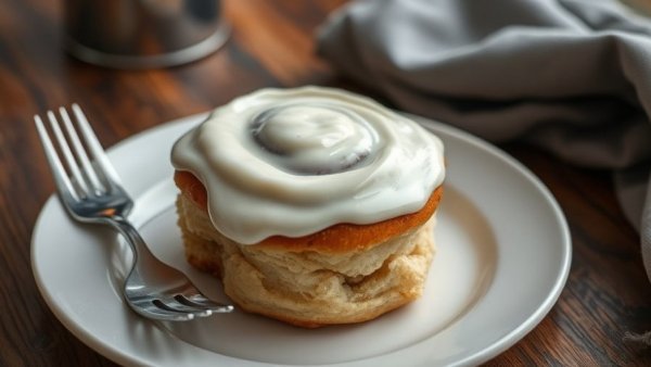 Homemade Cinnamon Roll with sweet icing on a plate.