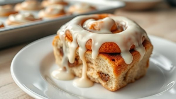 Homemade cinnamon roll with icing on a plate in a kitchen setting.