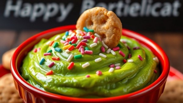 Vibrant green Grinch dip recipe with cookie in festive red bowl.