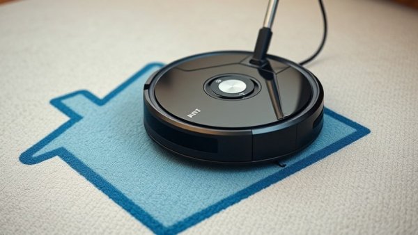 Sleek robot vacuum cleaning a branded carpet, top view.