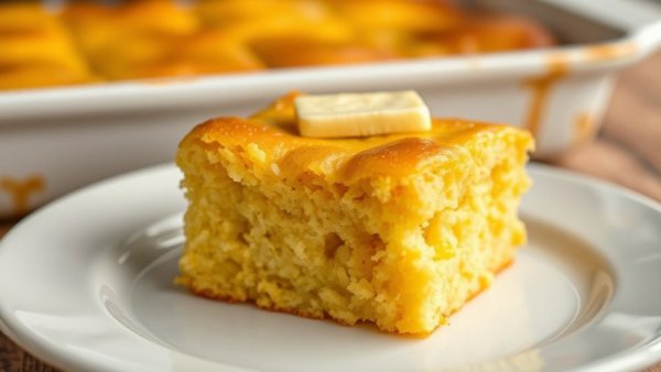 Cornbread casserole with butter on a white plate, delicious and inviting.