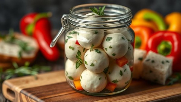 Make-Ahead Marinated Mozzarella Balls in glass jar on cutting board.