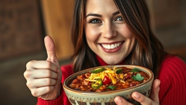 Woman enjoying Texas chili recipe with approval gesture.