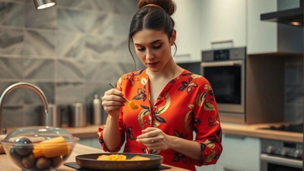 Woman in a pink blouse prepares food in a modern kitchen
