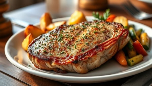 Savory ranch pork chops with roasted potatoes and veggies.