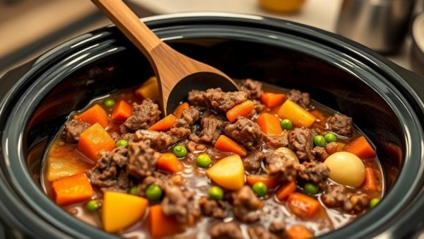 Hearty crockpot ground beef stew with vegetables and a ladle.