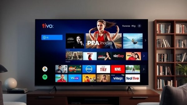 TiVo OS Update on a television screen with apps and shows.