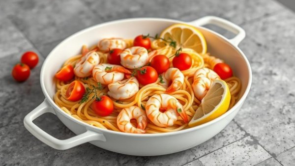 Shrimp pasta recipe with tomatoes and lemon in white pan