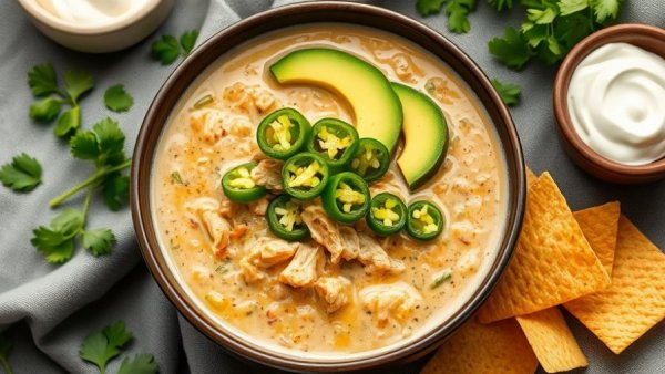 Crockpot White Chicken Chili bowl with garnishes and sides.