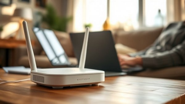 Close-up of Wi-Fi router and person typing, highlighting Wi-Fi security.