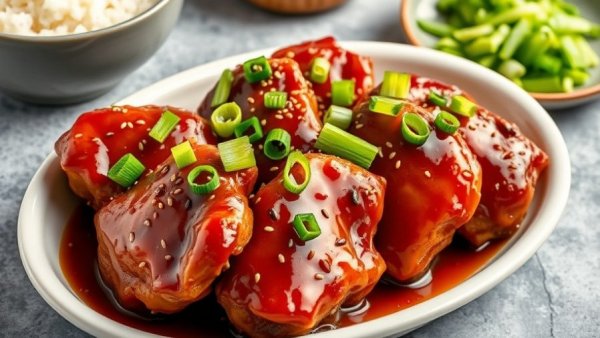 Glazed sticky chicken thighs on a plate with green onions and sesame.
