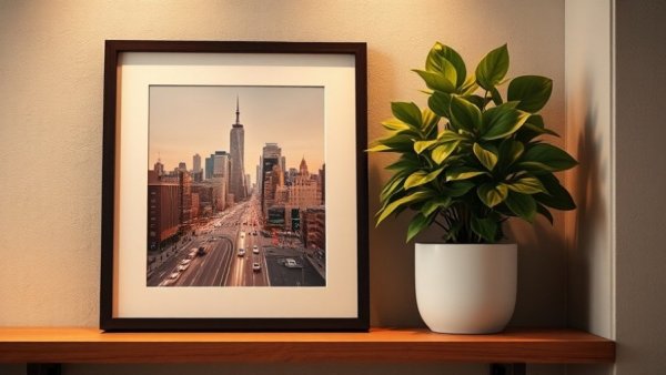 SwitchBot AI Art Frame displaying cityscape on shelf with plant.