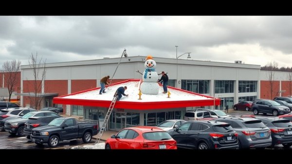Workers install snow guards on a pole barn roof near parked cars and a tire snowman.