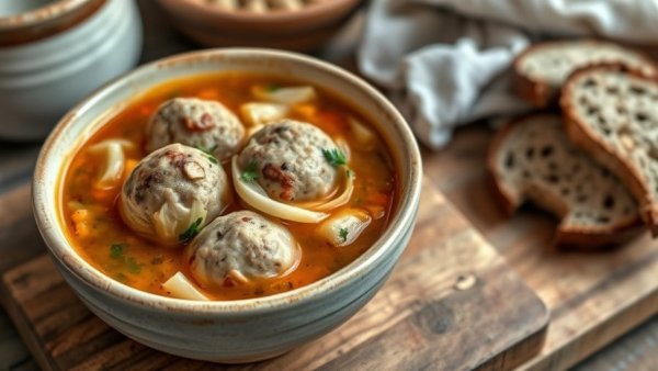 Cabbage Meatball Soup in a bowl with bread slices on the side.