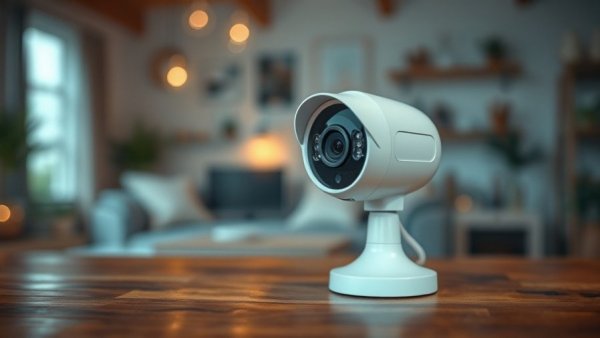 Modern white security camera in a renter-friendly apartment setting.