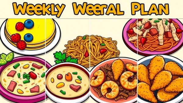 Weekly meal plan collage with diverse dishes and vibrant colors.