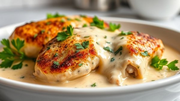 Tasty Boursin chicken recipe with creamy sauce and parsley.
