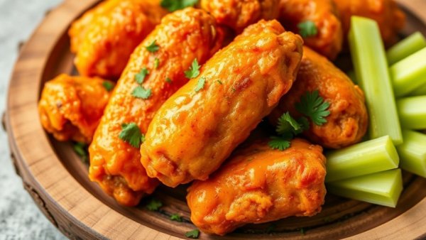 Close-up of crispy baked buffalo wings with celery sticks.