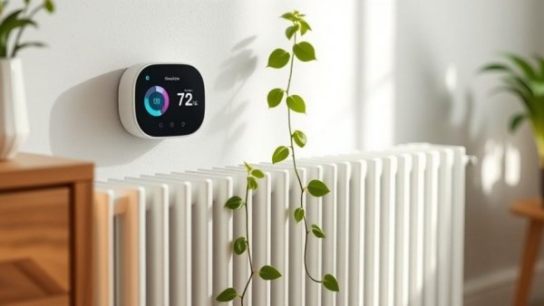 Home automation setup with smart thermostat and green plant.