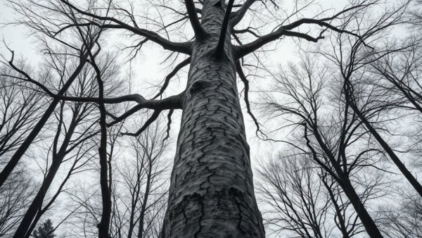 Cracked tree in cold weather with barren branches.