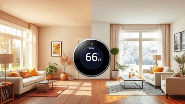 Smart Home Seasonal Adjustments illustration with winter and summer settings.