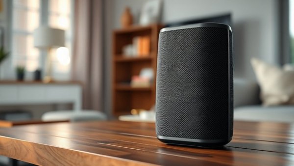 Smart speaker demonstrating home security tips in a modern living room.