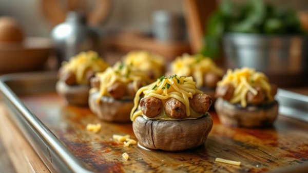 Close-up of make-ahead sausage stuffed mushrooms with melted cheese.