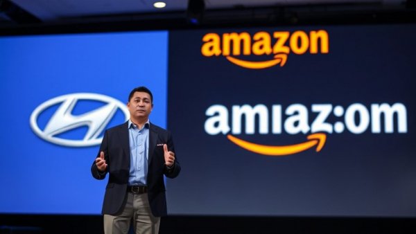 Professional business presentation with Hyundai and Amazon logos, buy cars on Amazon