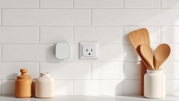 Modern kitchen with Wemo smart plugs on white tile backsplash, featuring kitchen utensils, highlighting Wemo Smart Home Accessories Discontinuation.