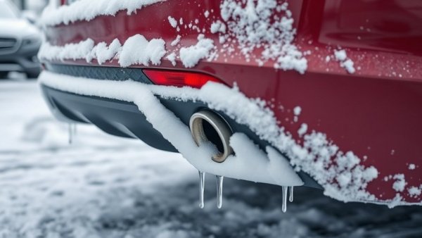 Snow-covered car exhaust emitting vapor in cold weather highlights puffing your car.