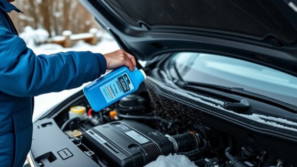 Pouring windshield washer fluid into car engine in winter.