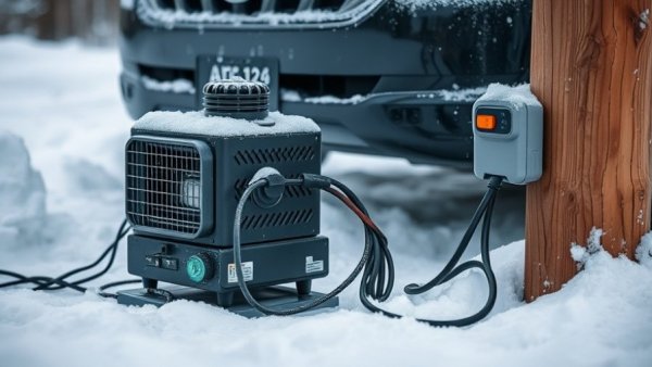 Close-up of car with engine block heater in snowy landscape