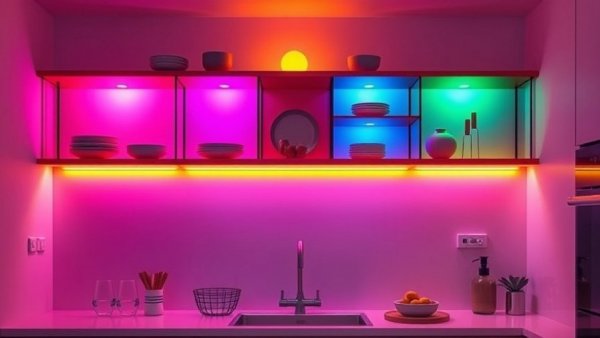 Smart lighting on kitchen shelves displaying vibrant hues - IKEA Matter connectivity issues.