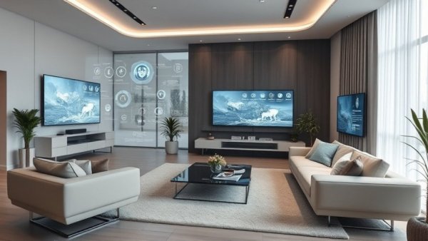Futuristic smart home living room with digital interfaces showcasing home automation.