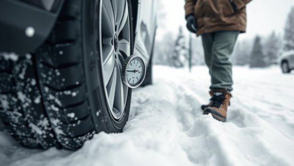 Person checking tire pressure in snowy conditions, illustrating tire pressure fluctuations.