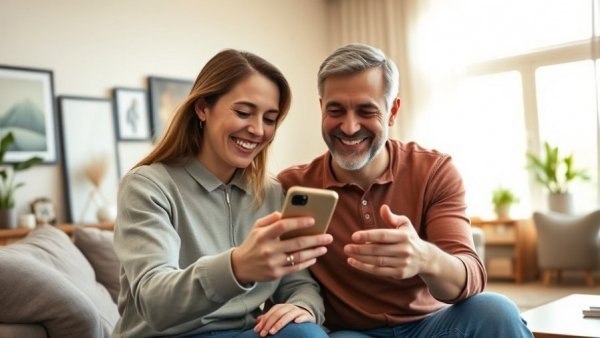 Happy couple exploring home automation features on smartphone.