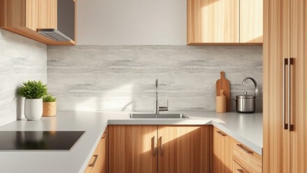 Popular tile options in a modern kitchen corner with wood cabinets.