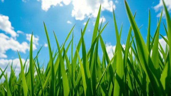 Vibrant green grass blades swaying under a sunny sky.