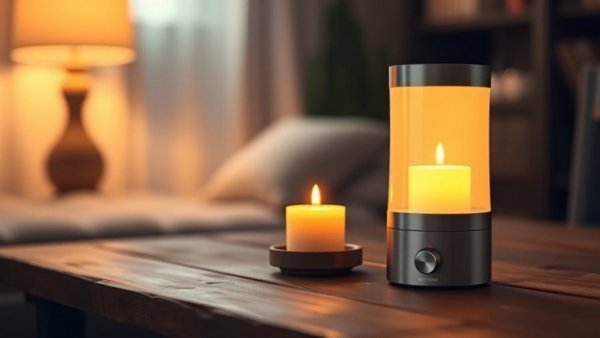 SwitchBot Smart Candle Warmer Lamp with glowing candle on rustic table