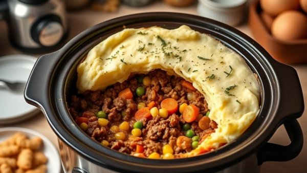 Hands-Off Shepherd’s Pie in a crockpot with serving spoon.