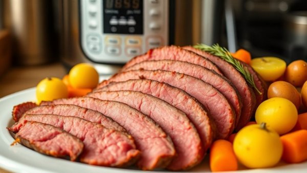 Instant Pot Corned Beef with potatoes and carrots, close-up.