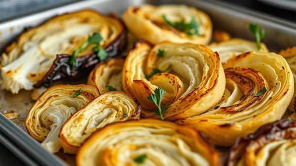 Roasted cabbage slices with herbs on a tray.