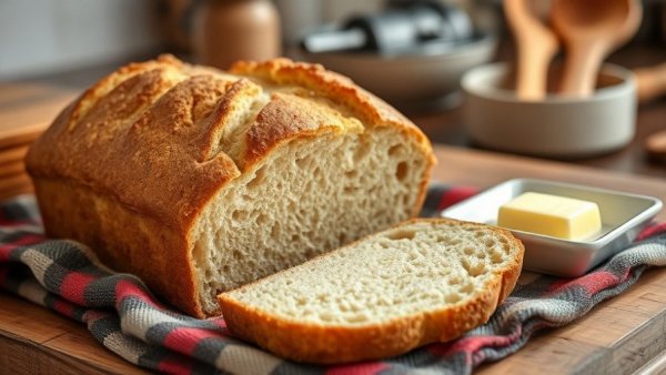 Freshly baked Irish soda bread sliced on a plate with a plaid cloth.