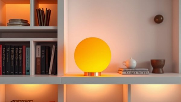 Modern home automation lamp on shelf with warm glow.