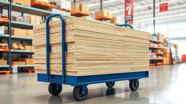 Stack of plywood on dolly in store aisle showing transport method.