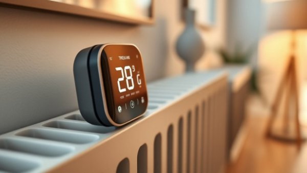Sleek digital thermostat for home automation on a radiator.