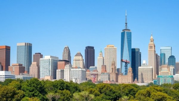 Urban skyline with skyscrapers under a clear sky showcasing roofing
