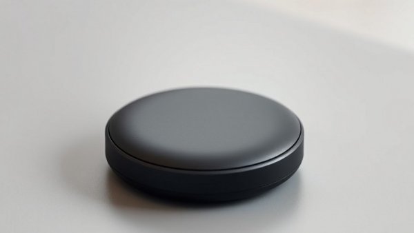 Sleek black smart home hub on grey surface - Home Automation.