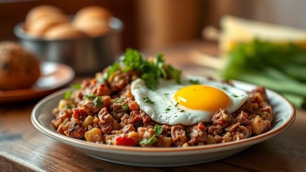 Corned Beef Hash Recipe with Leftovers topped with egg on a plate.